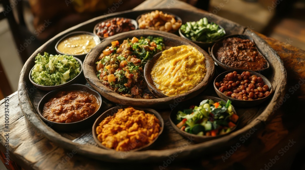 A colorful platter of various traditional dishes served in small bowls. A colorful platter of various traditional dishes served in small bowls.