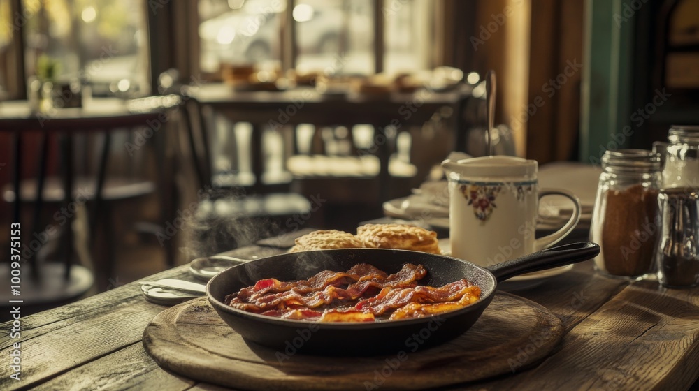 Delicious Breakfast with Bacon and Coffee in a Café Delicious Breakfast with Bacon and Coffee in a Café
