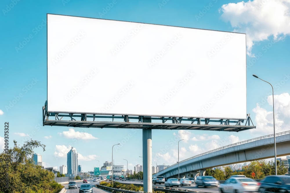 Blank billboard on a highway overpass, cars passing below, industrial feel, ready for branding Blank billboard on a highway overpass, cars passing below, industrial feel, ready for branding