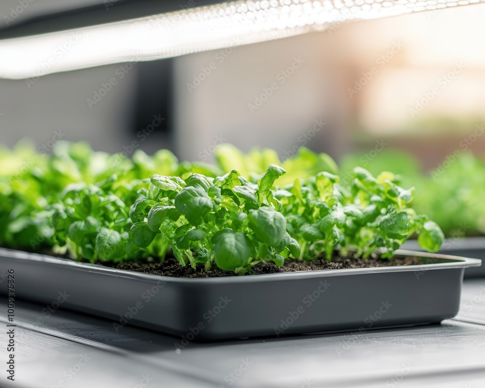 Indoor farm with organic vegetables growing in enriched soil under LED grow lights, innovation in urban agriculture Indoor farm with organic vegetables growing in enriched soil under LED grow lights, innovation in urban agriculture