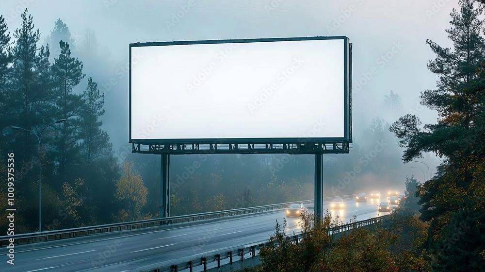 Obraz premium Blank billboard on a highway bridge, foggy morning atmosphere, light traffic, cinematic mockup scene