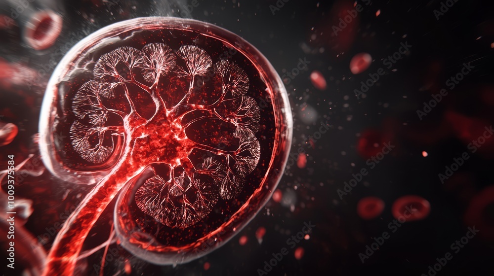 Fototapeta premium A 3D diagram showing a cross-section of a kidney, highlighting the renal cortex and medulla, along with the major blood vessels running through it.