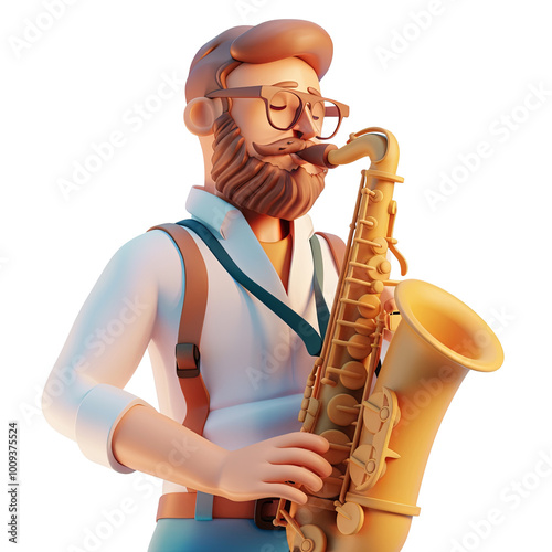 3D Character Playing Saxophone Musical Instrument Jazz Musician Band Concert Music PNG Transparent Background Isolated Render Cartoon Avatar Comic Cute Fun Happy Joy Entertainment Performer