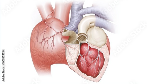 A 3D diagram of the heart's interior, focusing on the symmetry of the chordae tendineae and their role in balancing the valves' opening and closing actions. photo