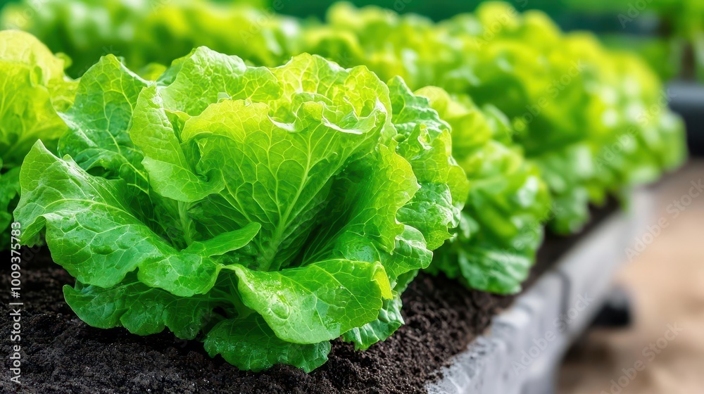 Rows of organic lettuce growing in optimized soil under precise lighting in a modern indoor farm, urban agriculture innovation