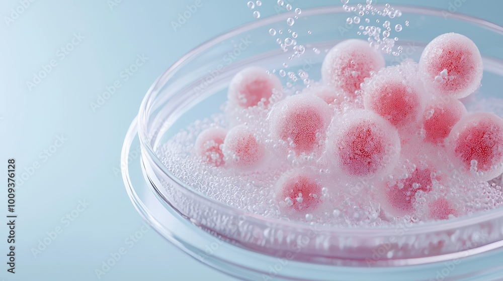 A 3D model of an embryonic stem cell colony growing in a petri dish under a microscope, with layers of translucent cells stacking into a dense formation.