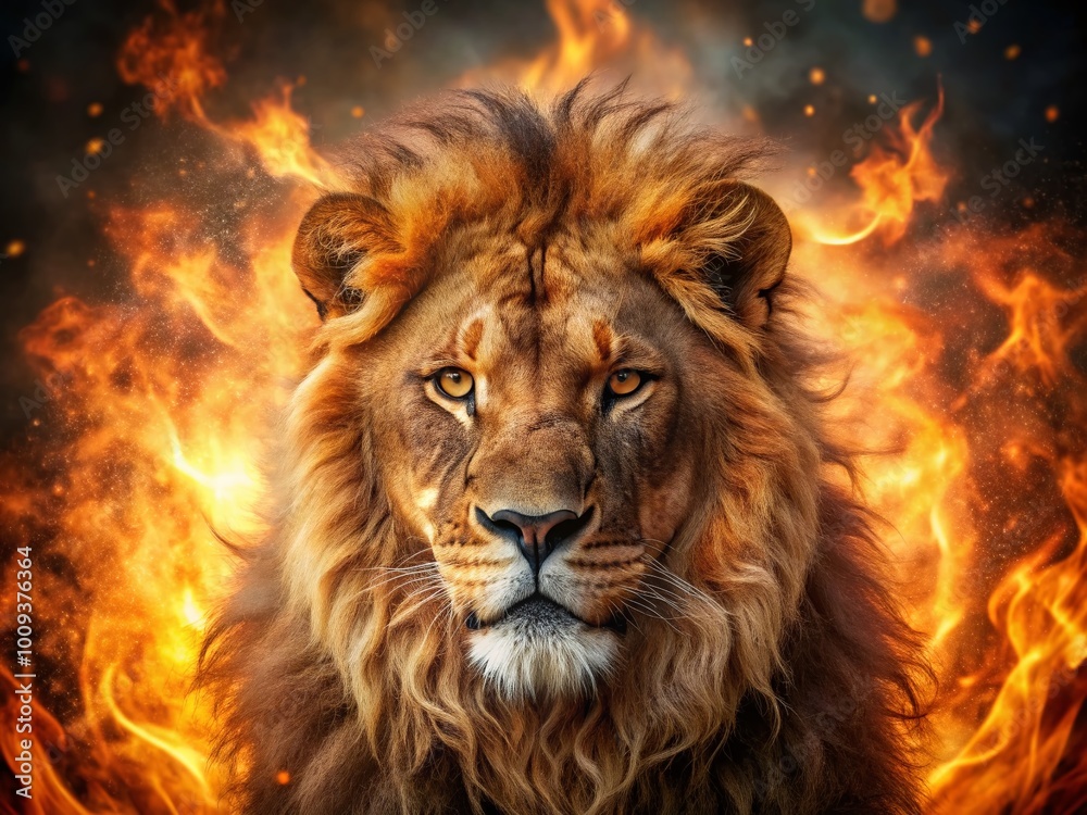 Fototapeta premium Majestic Lion Surrounded by Flames Symbolizing Strength and Courage in a Fiery Landscape