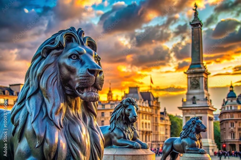 Fototapeta premium Majestic Lions of Trafalgar Square Standing Proudly Against the Backdrop of London's Iconic Landmark
