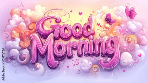 A colorful, whimsical "Good Morning" message with pink letters and clouds.