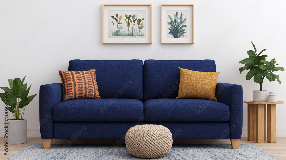 Fototapeta premium Cozy living room with modern blue sofa and textured cushions for spring home décor