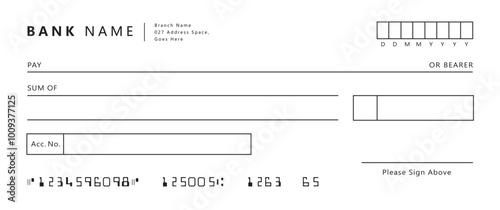 Blank bank cheque. Personal desk check template new design