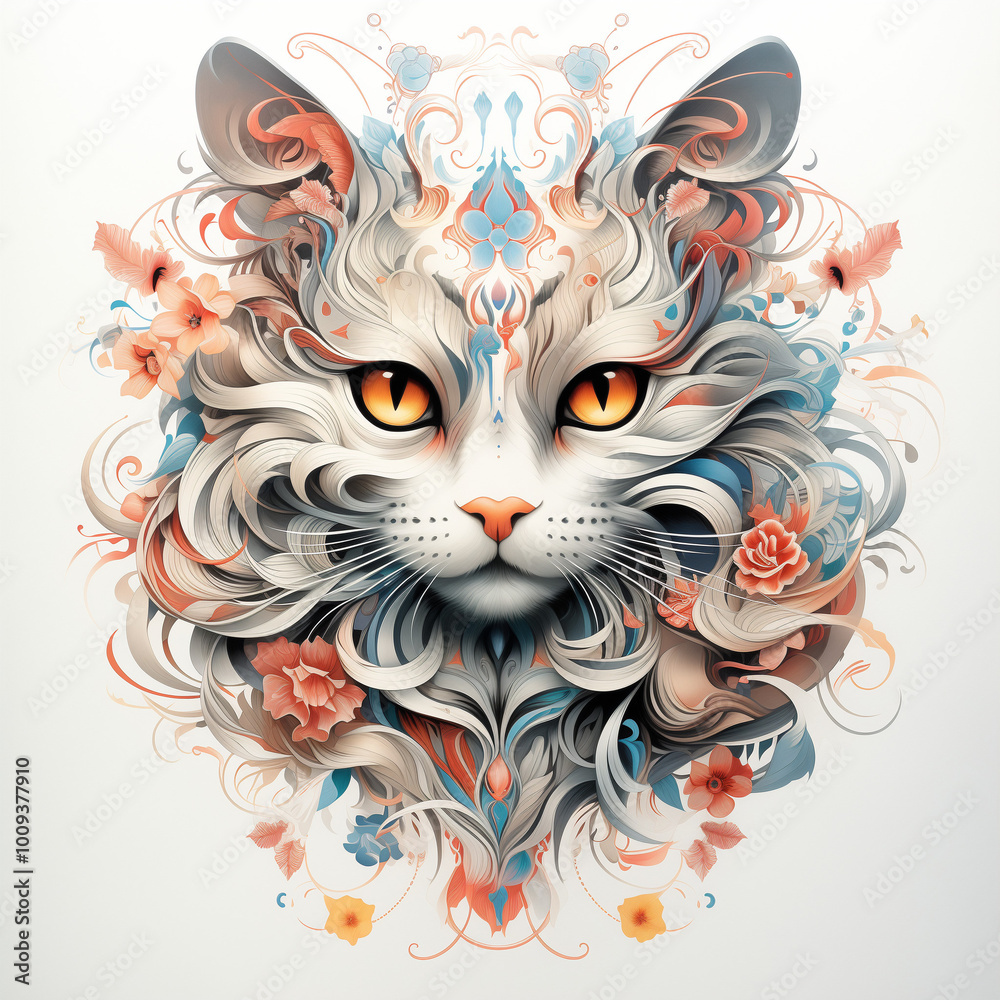 Naklejka premium Artistic cat illustration with vibrant floral patterns and bright colors on a soft background 
