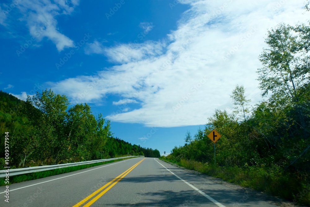 Empty Scenic Road in Canada Through Lush Forests – Countryside Drive Under Blue Skies Empty Scenic Road in Canada Through Lush Forests – Countryside Drive Under Blue Skies