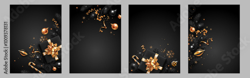 Set of banners with gold and black Christmas symbols and text. Christmas tree, gifts, balls, ribbons and snowflakes on the black background. Luxury background.
