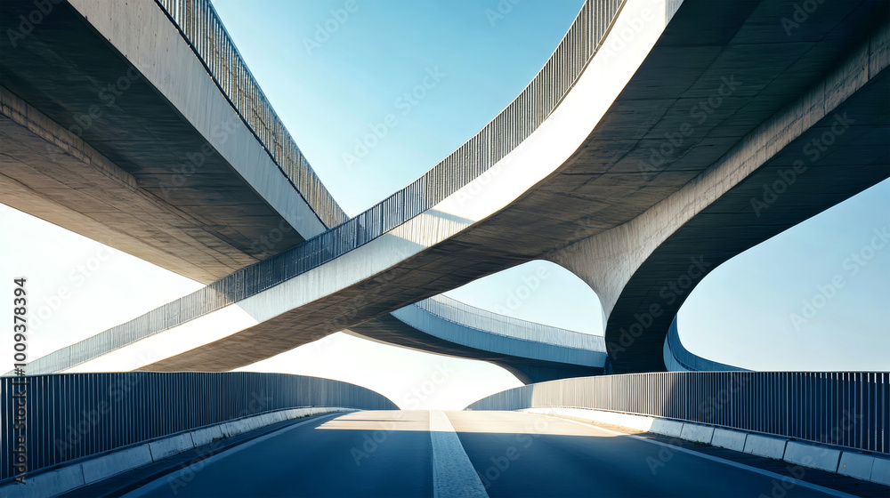 Obraz premium A modern bridge with curved metal and concrete structures connects two bustling roads over a river under a clear blue sky