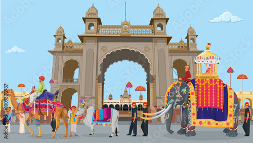 Mysore dasara, Balarama is lead elephant of Dasara procession and carried the idol of goddess Chamundeshwari, Musician Performing and People watching Procession, Entrance Gate to Mysore Palace