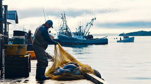 A commercial fisherman pulls a net filled with fish on a dock, surrounded by boats and calm waters, showcasing the essence of fishing industry life