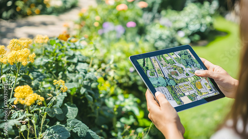 A landscape designer plans a garden layout using a tablet, surrounded by vibrant flowers and greenery, showcasing creativity and nature's beauty