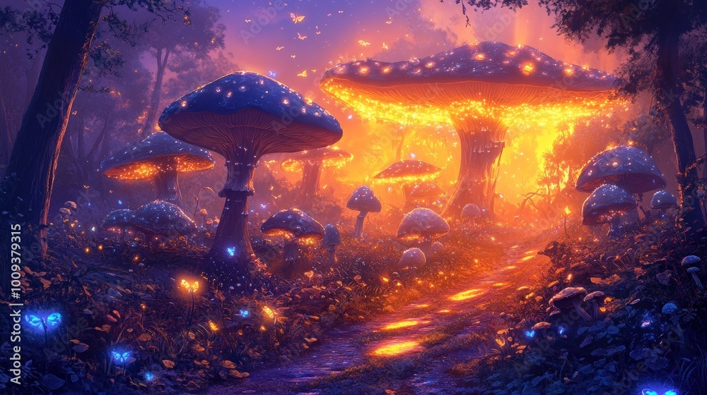 A magical forest path lit by glowing mushrooms and fireflies.