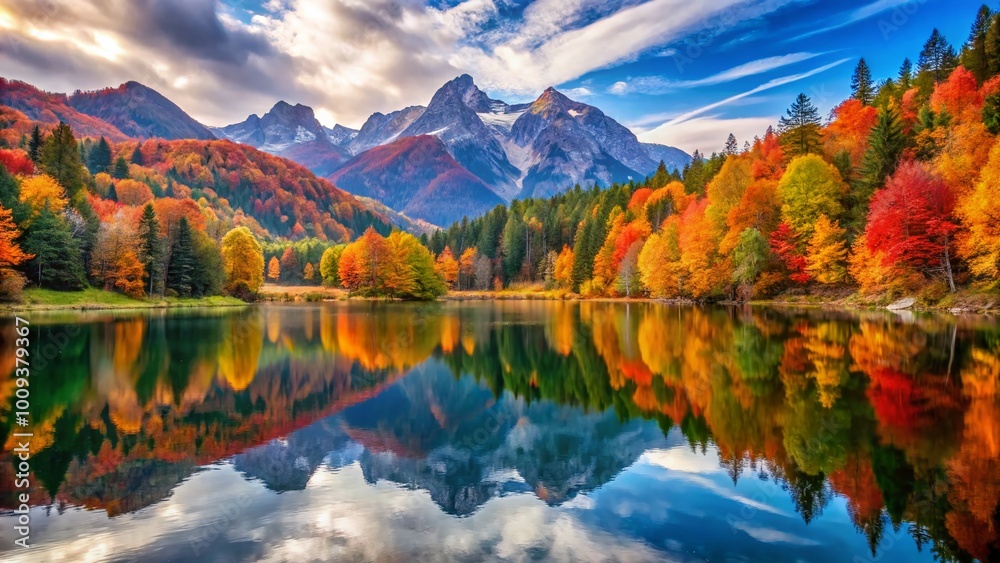 Fototapeta premium Majestic mountain landscape with a serene lake reflecting the vibrant colors of autumn foliage