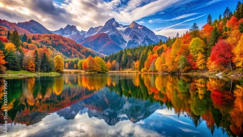 Majestic mountain landscape with a serene lake reflecting the vibrant colors of autumn foliage