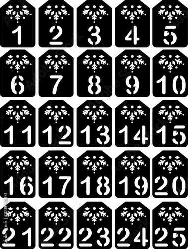 Advent calendar tags, outline. Black vector illustration. Silhouette, Laser cut