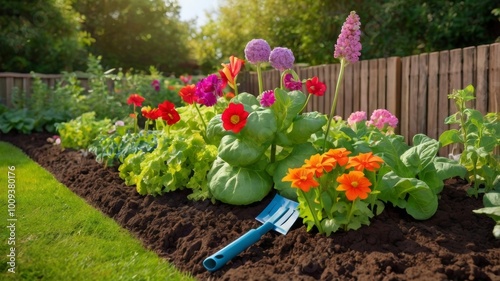 A bright picture for a children's book with a vegetable garden, beds, and a shovel.