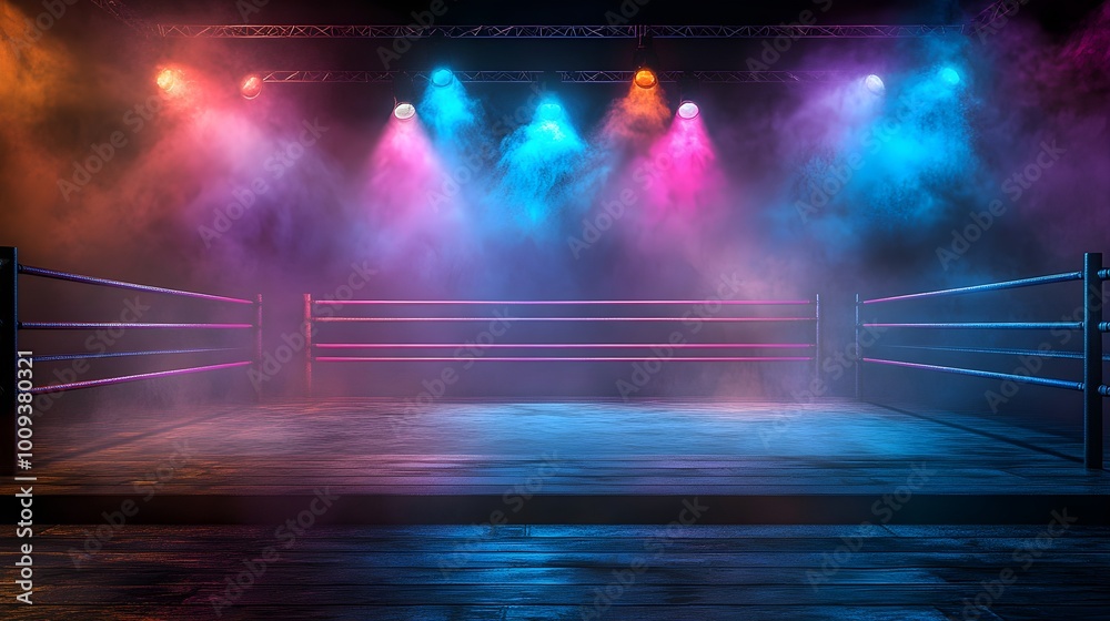Atmospheric wrestling ring with fog effects and vibrant lighting, awaiting an intense match Atmospheric wrestling ring with fog effects and vibrant lighting, awaiting an intense match