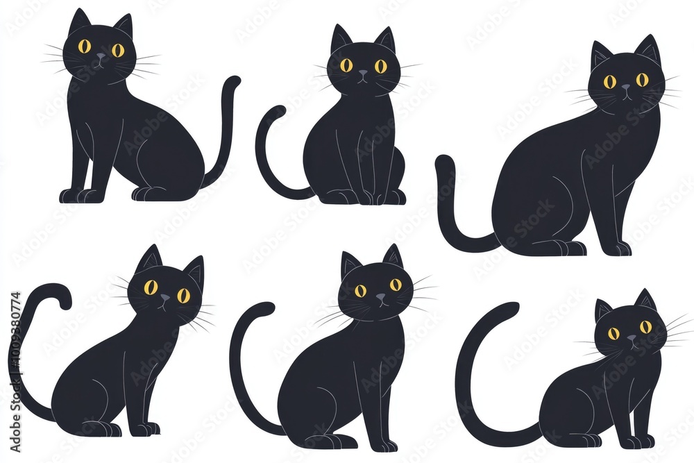A group of black cats with bright yellow eyes A group of black cats with bright yellow eyes