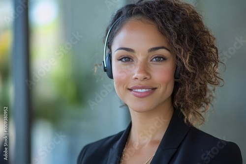 Confident female executive wearing headset, Generative AI