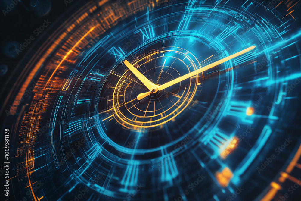 futuristic clock design featuring glowing blue and orange elements with intricate details and modern aesthetics futuristic clock design featuring glowing blue and orange elements with intricate details and modern aesthetics