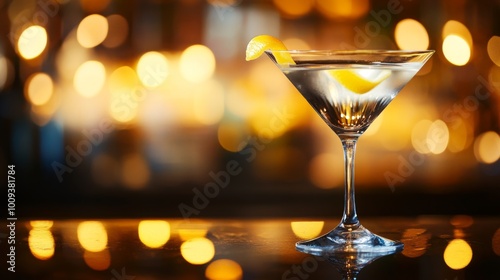 Elegant Martini Glass with Lemon Twist and Bokeh Lights