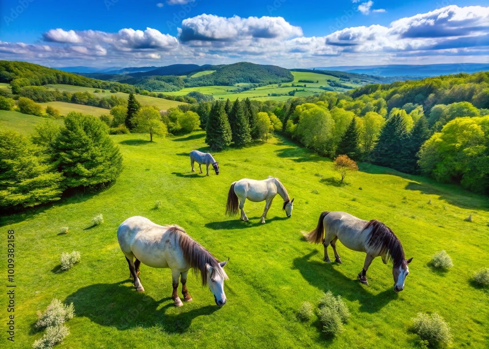 Majestic Percheron Horses Grazing in a Lush Green Meadow Under a Clear Blue Sky in Springtime Majestic Percheron Horses Grazing in a Lush Green Meadow Under a Clear Blue Sky in Springtime