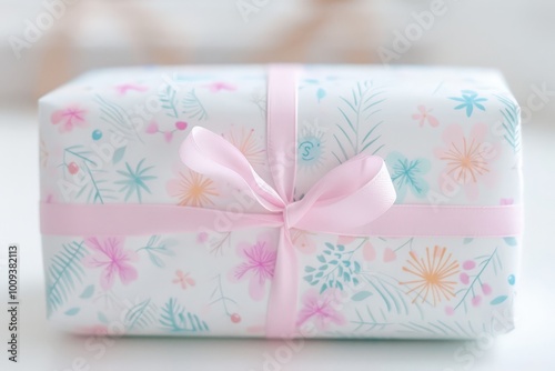 Pastel-colored gift box with pink ribbon and floral wrapping paper, perfect for celebrations or special occasions.