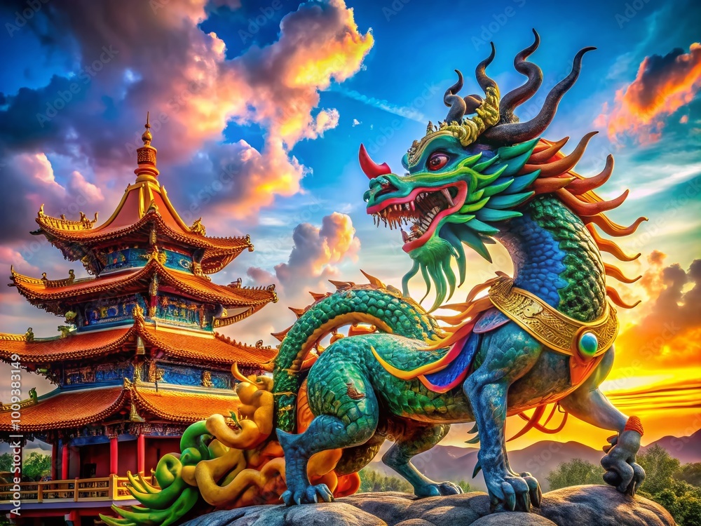 Majestic Qilin and Dragon Intertwined in a Colorful Fantasy Landscape of Ancient Asian Mythology Majestic Qilin and Dragon Intertwined in a Colorful Fantasy Landscape of Ancient Asian Mythology