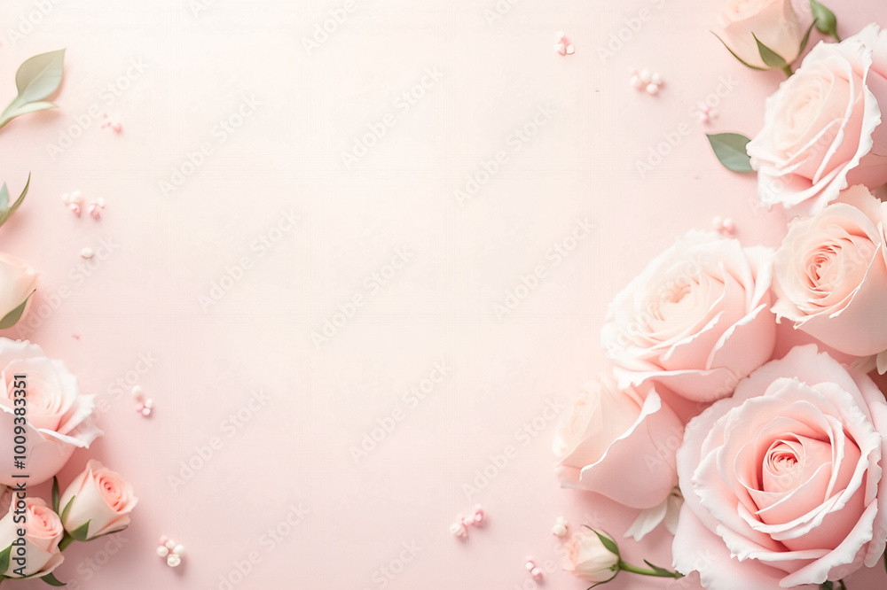 Fototapeta premium Elegant blank wedding invitation card with pale pink roses on a soft, romantic background