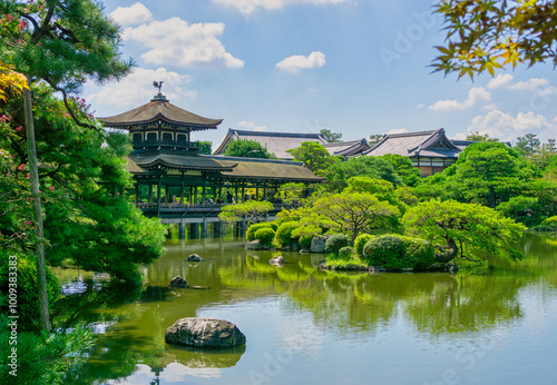 Heian Jingu Garden in Kyoto, Japan. Heian Jingu garden during summer. Beautiful japanese garden landscape.