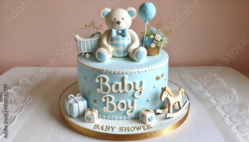Blue baby boy-themed cake with a teddy bear topper and fondant decorations.