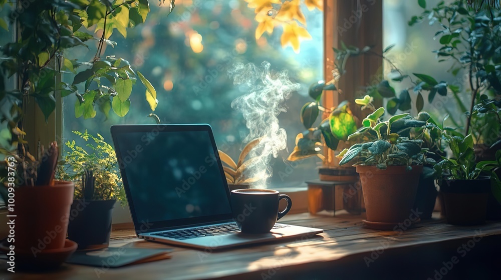 A cozy workspace with a laptop and steaming coffee surrounded by lush green plants, perfect for remote work and relaxation. A cozy workspace with a laptop and steaming coffee surrounded by lush green plants, perfect for remote work and relaxation.