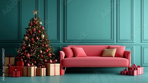 Vintage-style living room with traditional Christmas decor, nostalgic holiday scene, 3D illustration