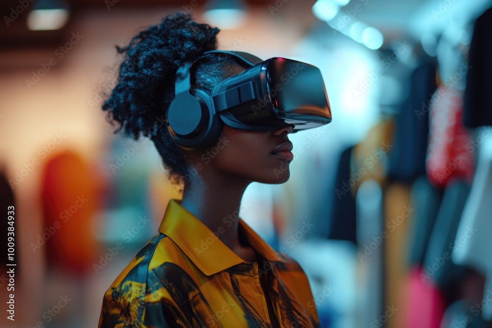 A woman wearing a VR headset browses through clothes in a store, possibly trying out new fashion trends A woman wearing a VR headset browses through clothes in a store, possibly trying out new fashion trends