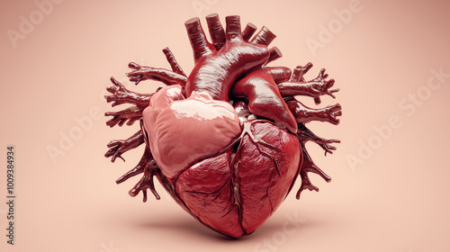 This detailed anatomical illustration of a human heart showcases its intricate structure and vascular connections, perfect for educational and medical usage. photo