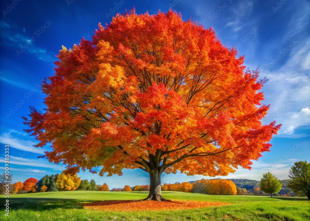 Naklejka premium Majestic Silver Maple Tree with Vibrant Foliage Against a Clear Blue Sky in a Serene Landscape