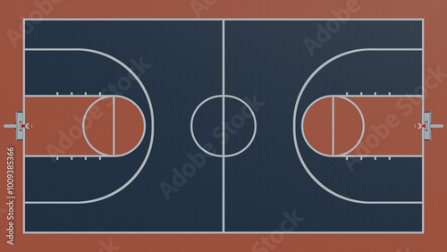 Top view of a basketball court floor with lines on a blue and orange background