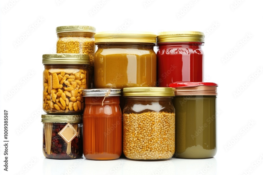 Collection of various food jars on display Collection of various food jars on display