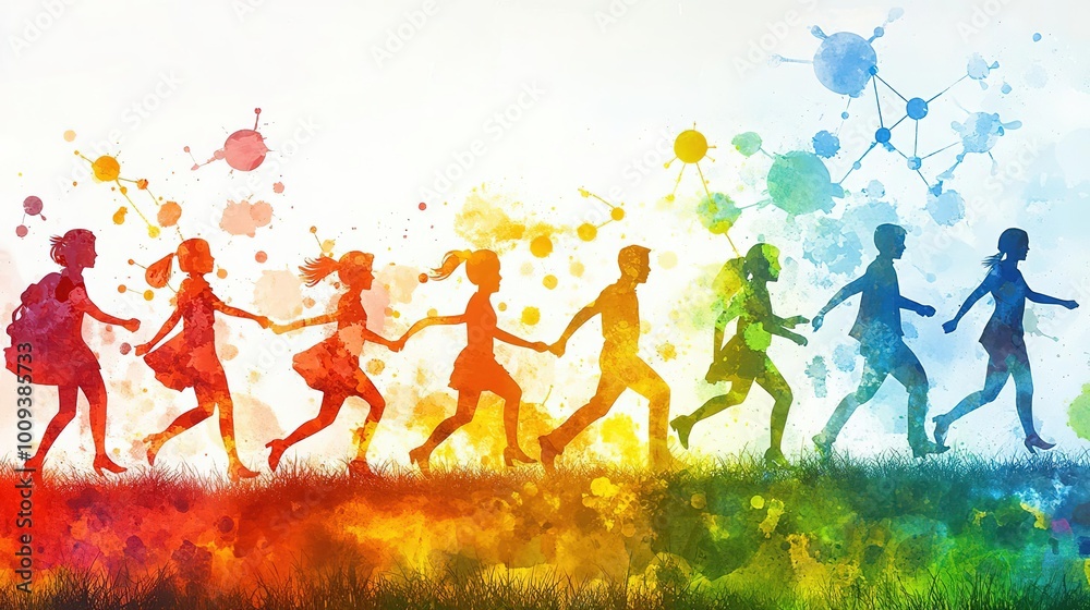 Colorful silhouettes of people running joyfully in a vibrant landscape, celebrating unity and freedom with a splash of artistic flair.