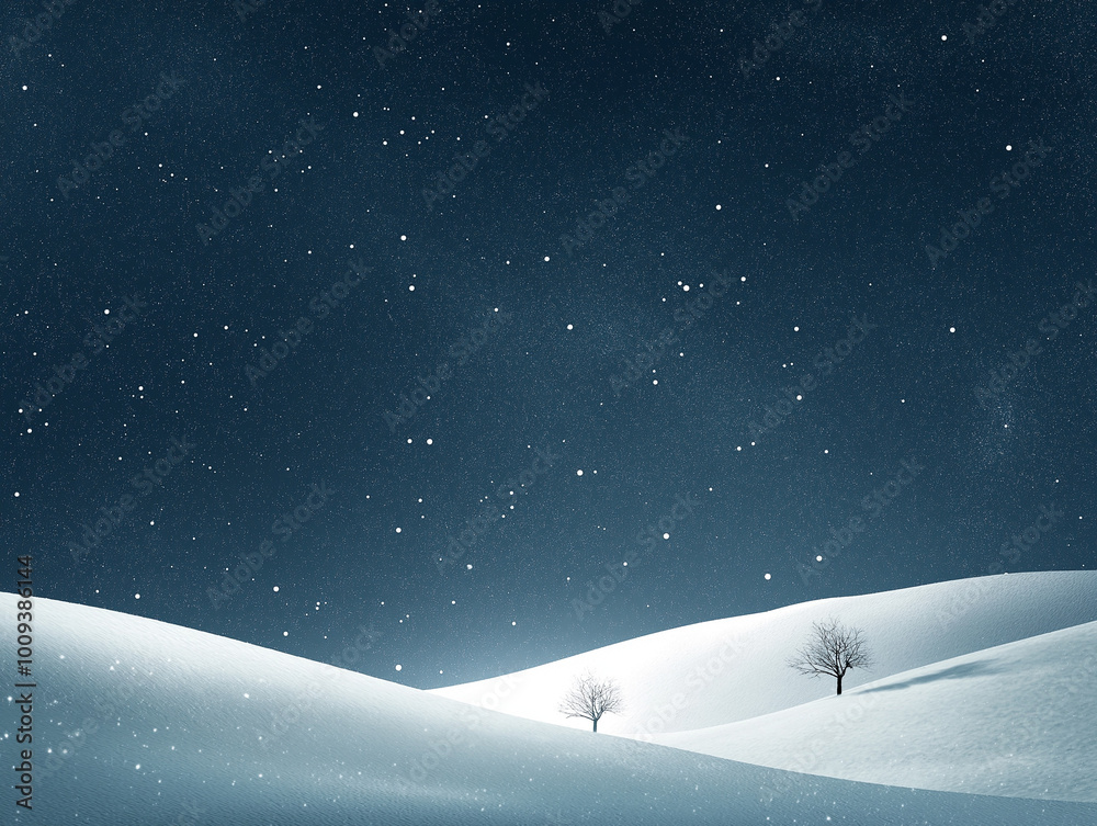 Naklejka premium Snowy landscape at night, tranquil atmosphere, falling snowflakes, serene winter scene