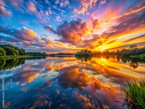 Wallpaper Mural Majestic sunset over a tranquil lake reflecting vibrant colors of nature's stunning beauty Torontodigital.ca