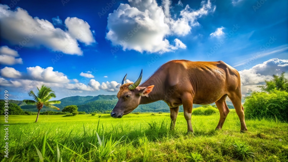 Majestic Tamaraw Grazing in Lush Green Fields Under Bright Blue Sky in the Philippines' Biodiversity Majestic Tamaraw Grazing in Lush Green Fields Under Bright Blue Sky in the Philippines' Biodiversity