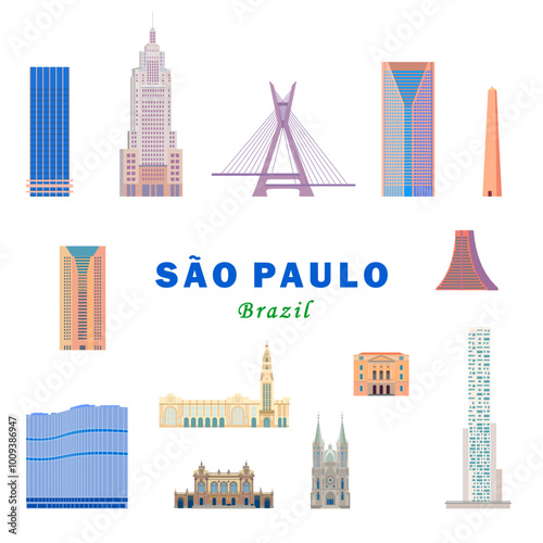 Sao Paulo city landmarks and colorful icons.	